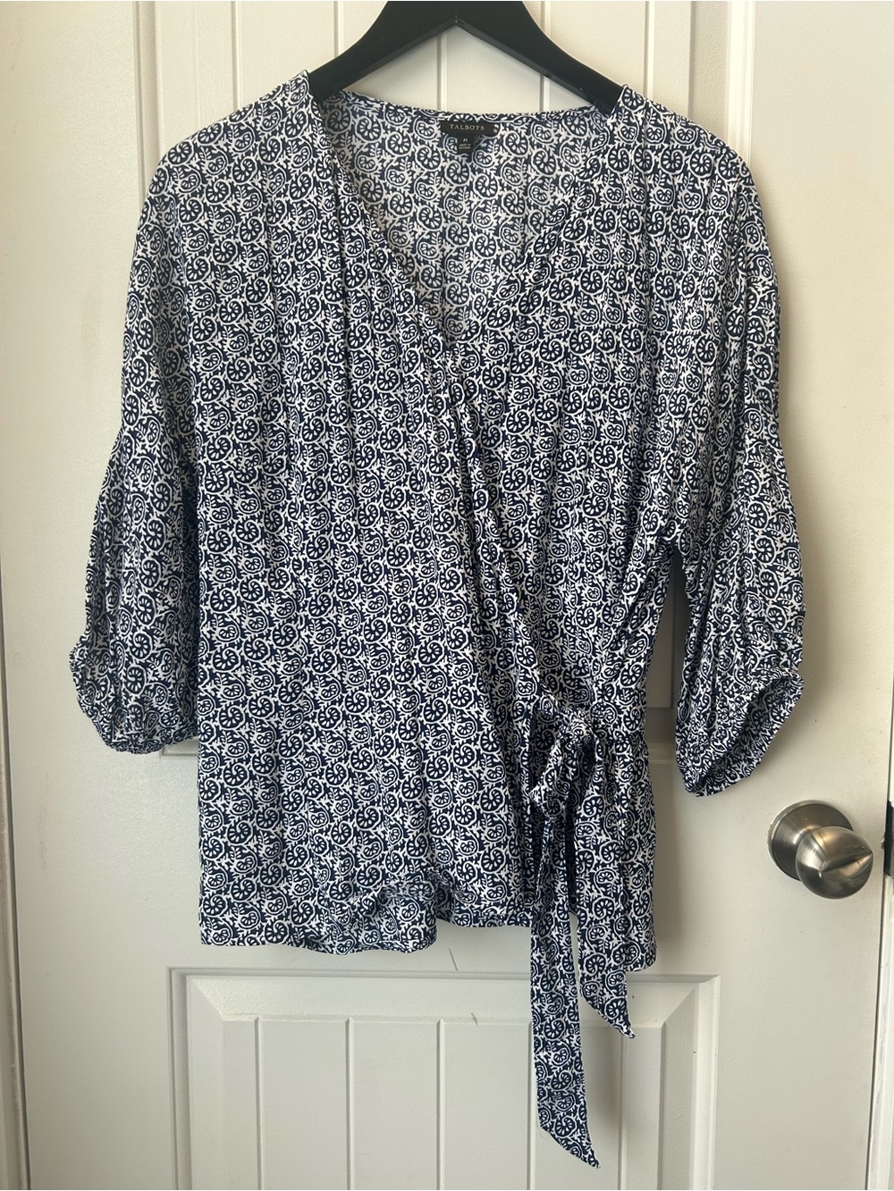 Talbots Navy & White Patterned Wrap Top